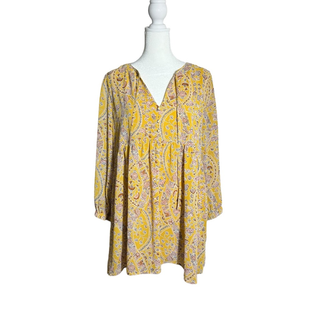Melloday Gold and Purple Floral V Neck Peasant Blouse Size L.